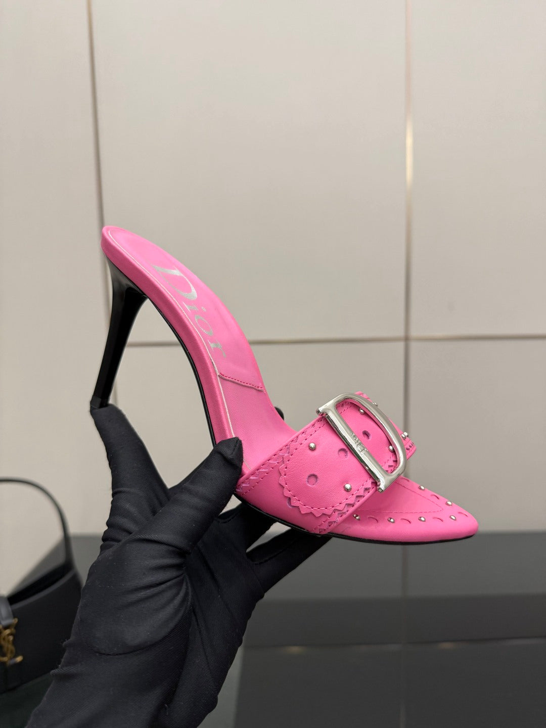 PINK STUDDED LOGO MULE HEELS