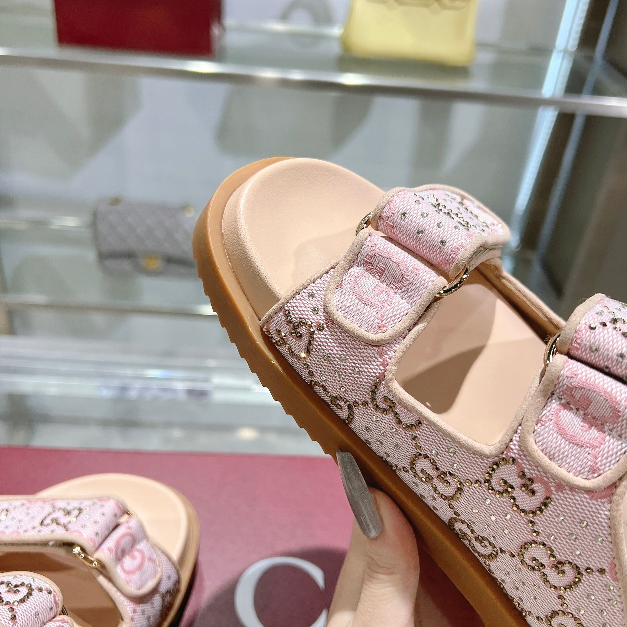 PINK MONOGRAM DOUBLE STRAP SANDALS
