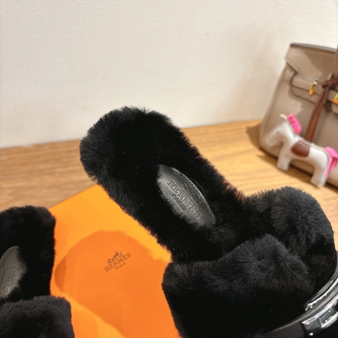 BLACK FAUX FUR MULE SLIPPERS WITH SILVER-TONE ACCENT