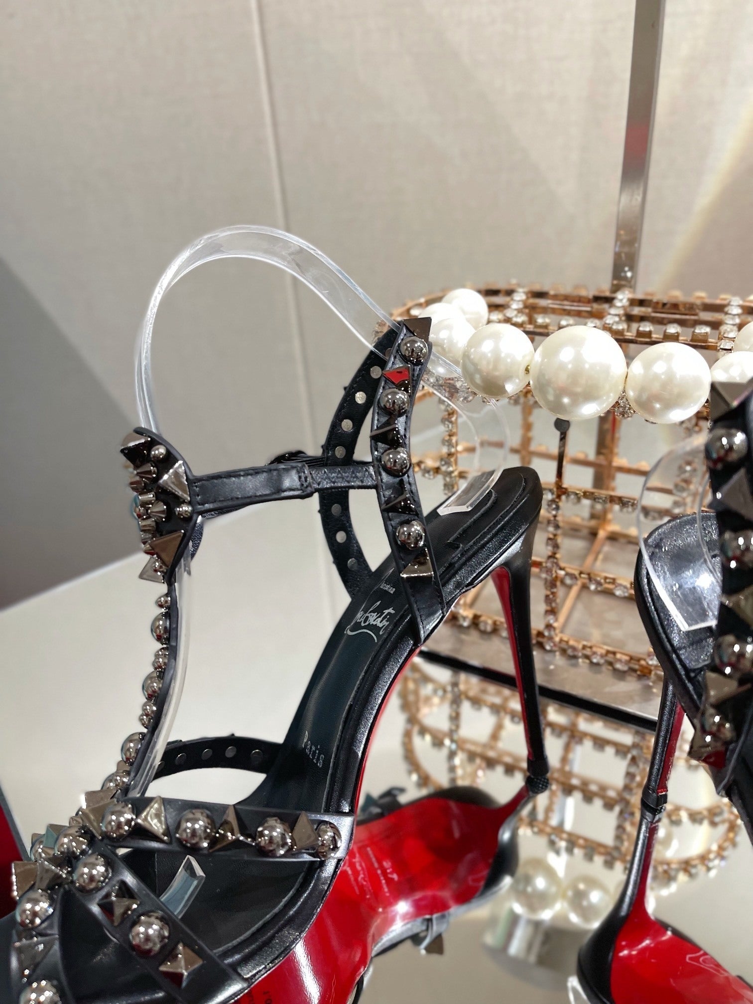 BLACK STUDDED EMBELLISHED STRAP HEELS