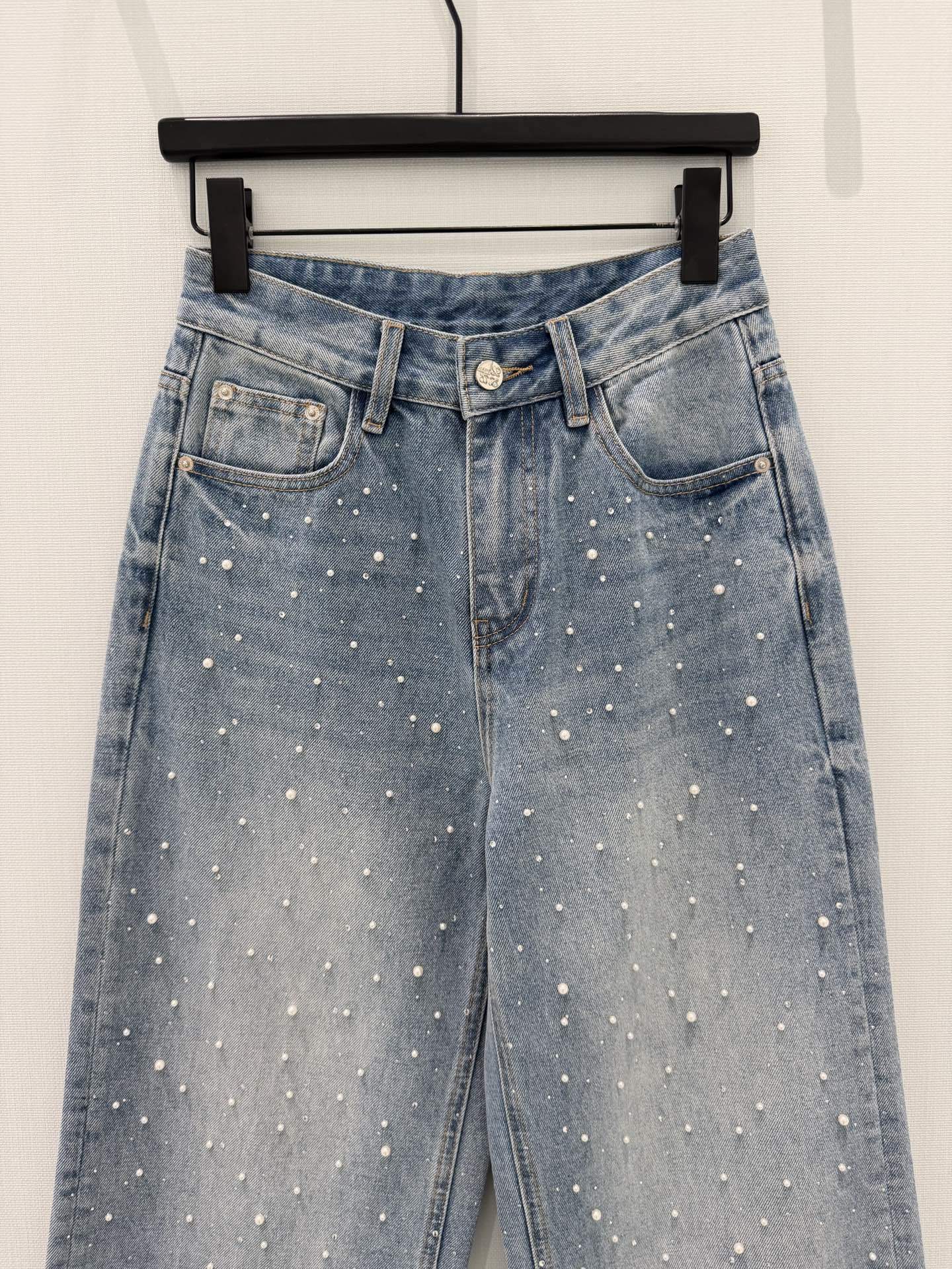 PEARL EMBELLISHED WIDE LEG DENIM JEANS