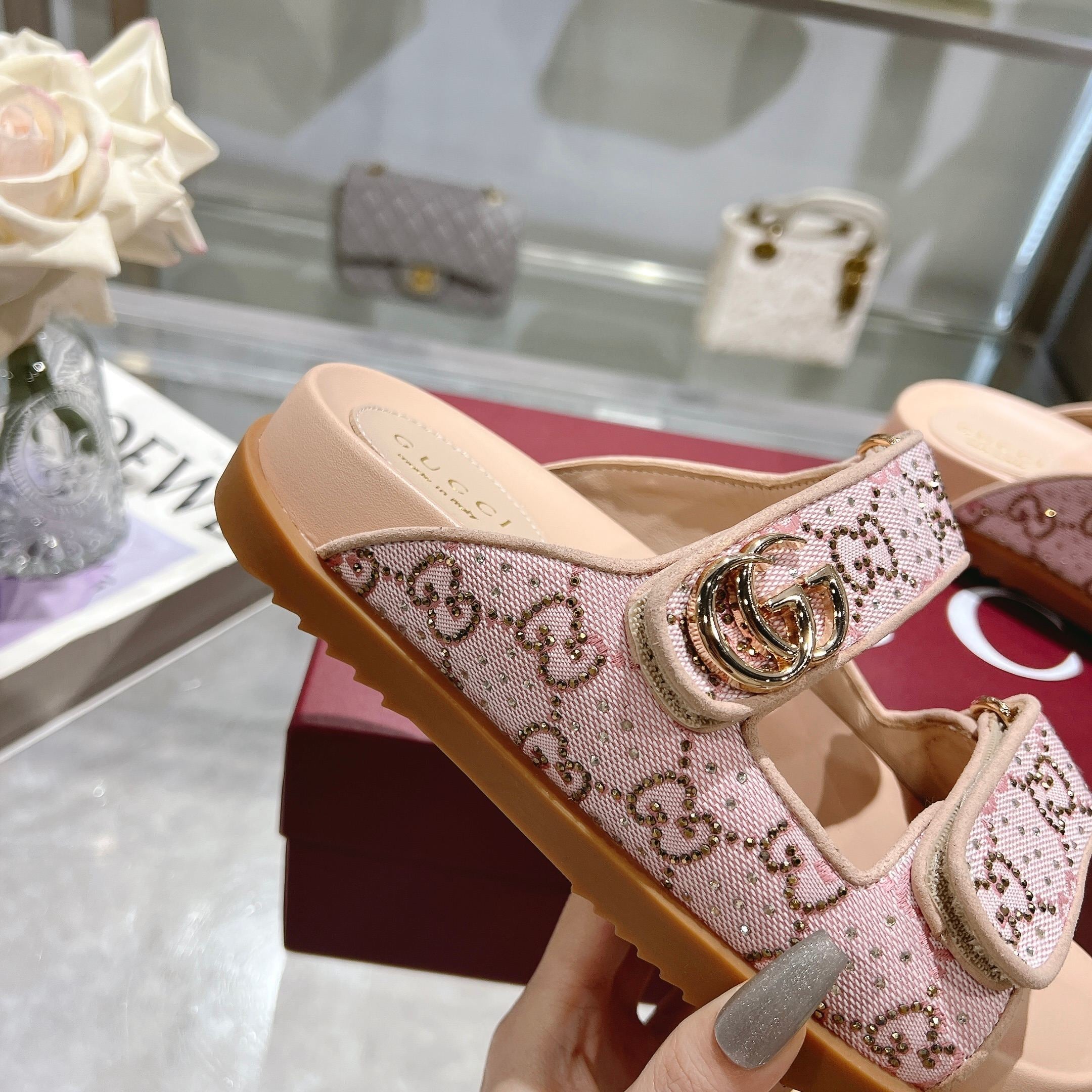 PINK MONOGRAM DOUBLE STRAP SANDALS