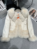 IVORY JACQUARD PUFFER JACKET WITH LUXURY FUR TRIM