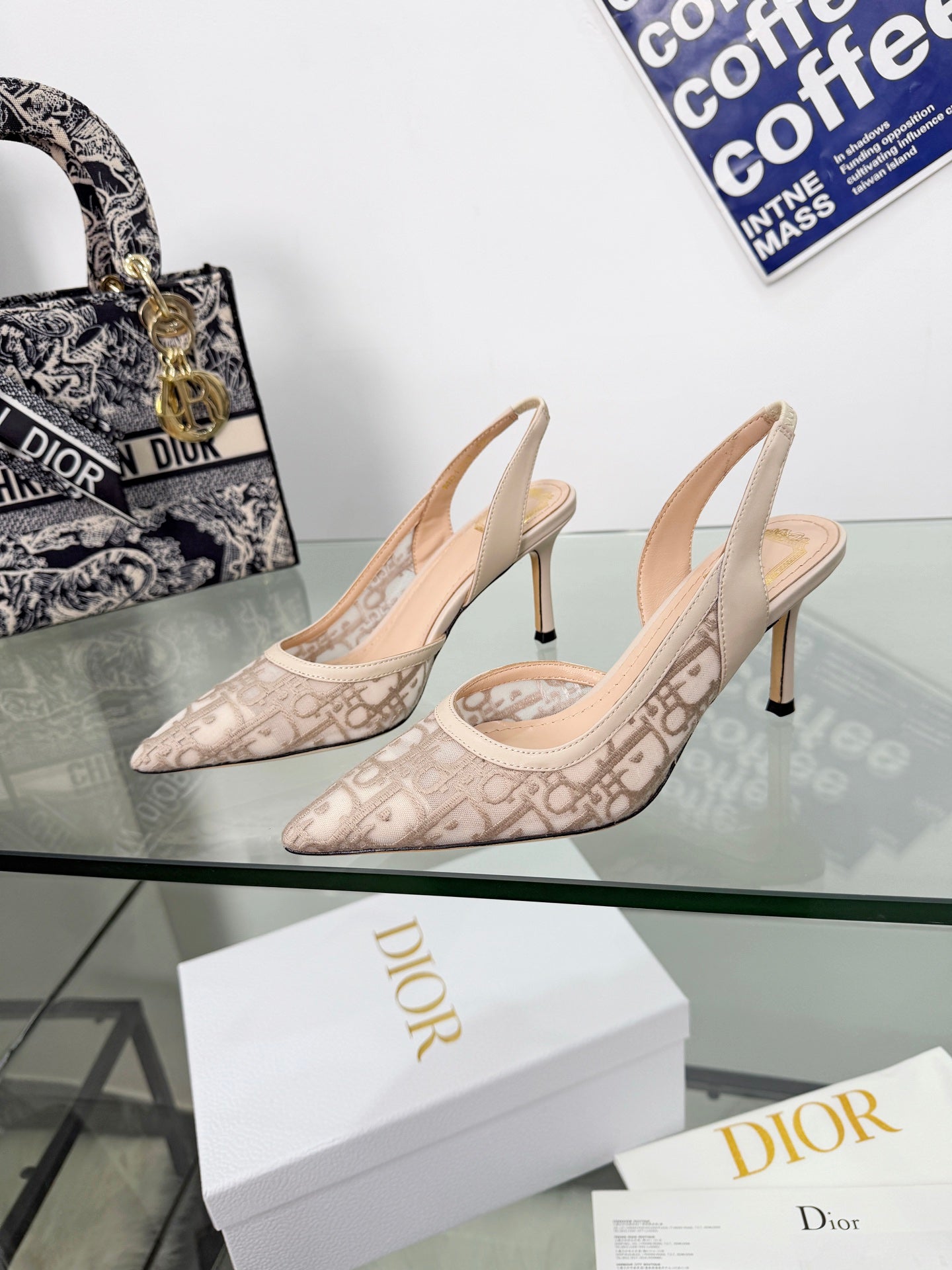 NUDE MONOGRAM MESH SLINGBACK POINTED HEELS