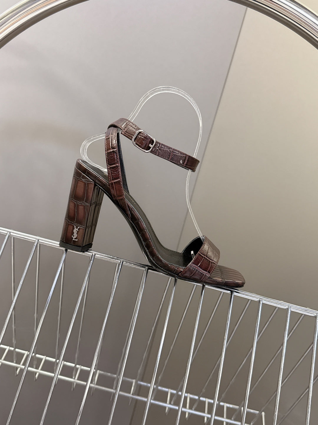 BROWN CROCODILE EMBOSSED STRAPPY HIGH HEELS