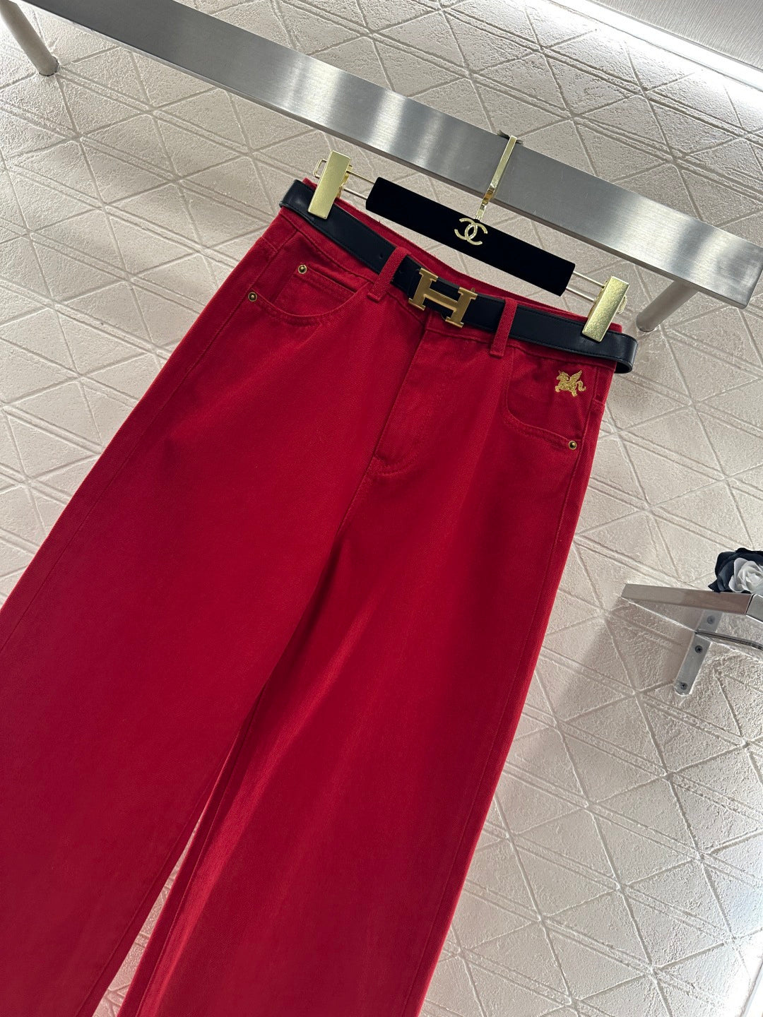 CRIMSON HIGH-WAIST WIDE-LEG TROUSERS