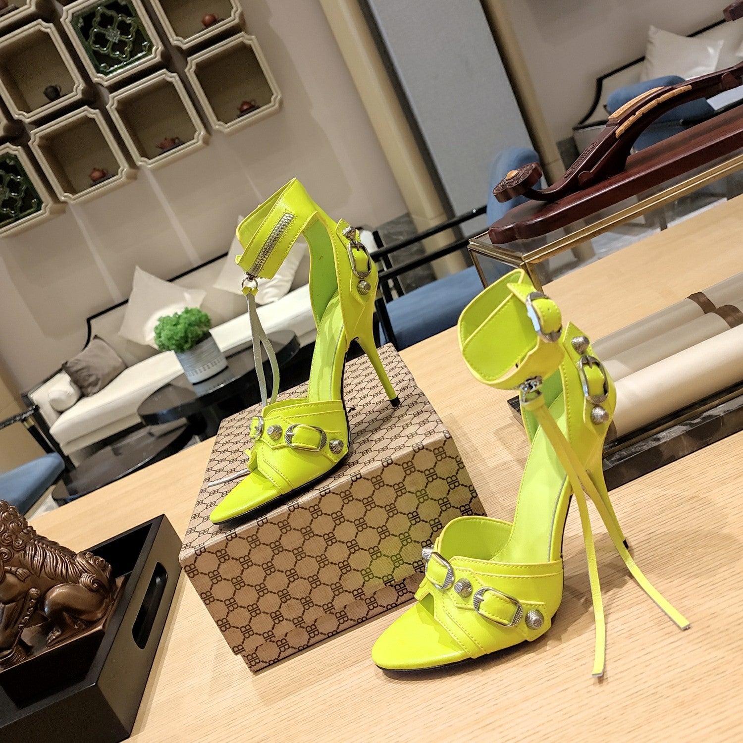 NEON GREEN BUCKLE STRAP HIGH HEEL SANDALS