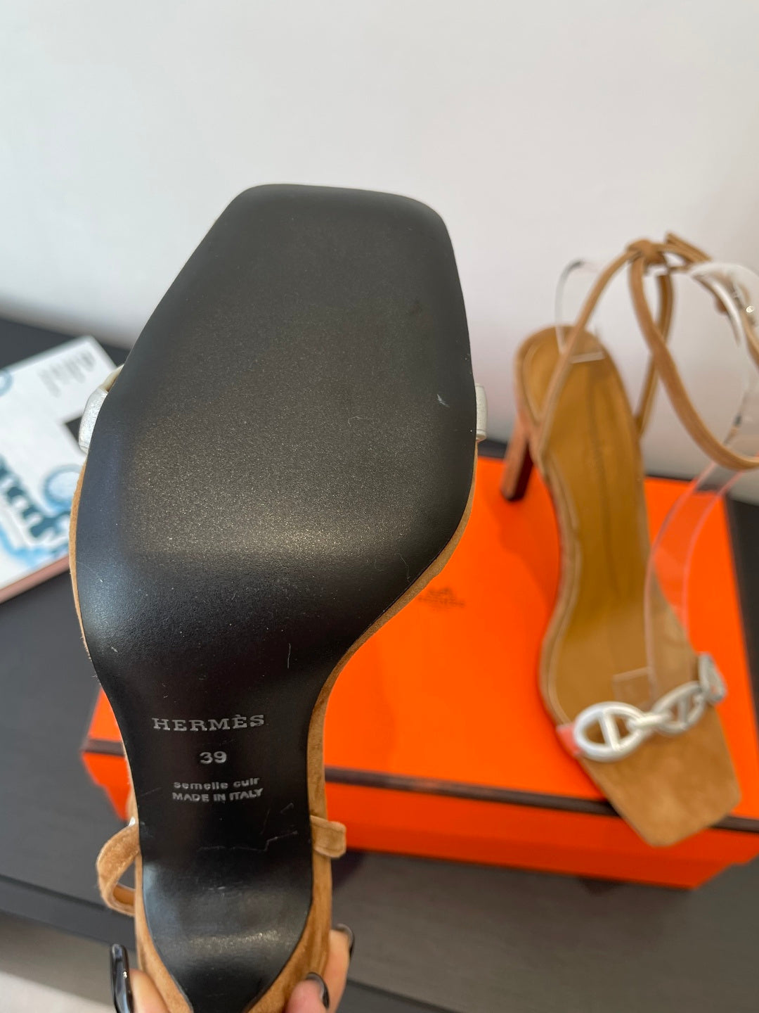 CAMEL SUEDE ANKLE STRAP STILETTO SANDALS