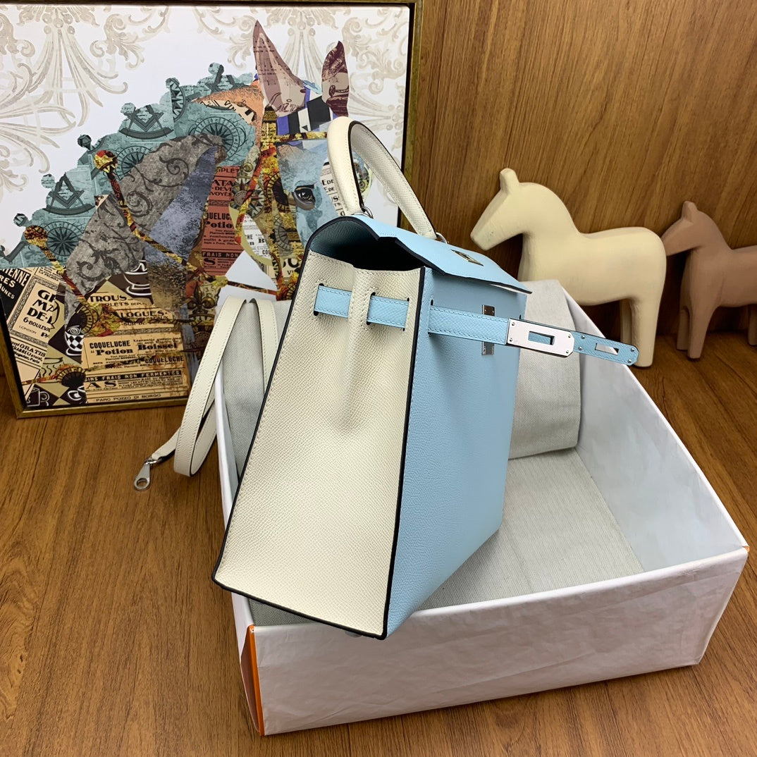 LUXURY BABY BLUE LEATHER TOP HANDLE HANDBAG