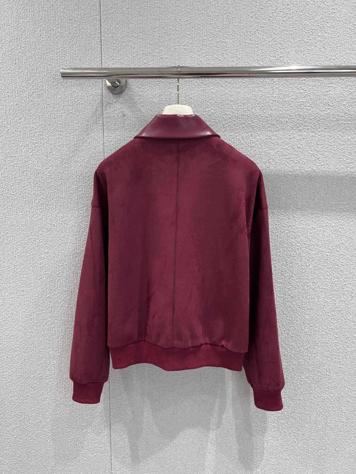 BURGUNDY ZIP-FRONT JACKET WITH LEATHER COLLAR DETAIL