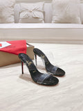 BLACK CLEAR STRAP MULE HEELS