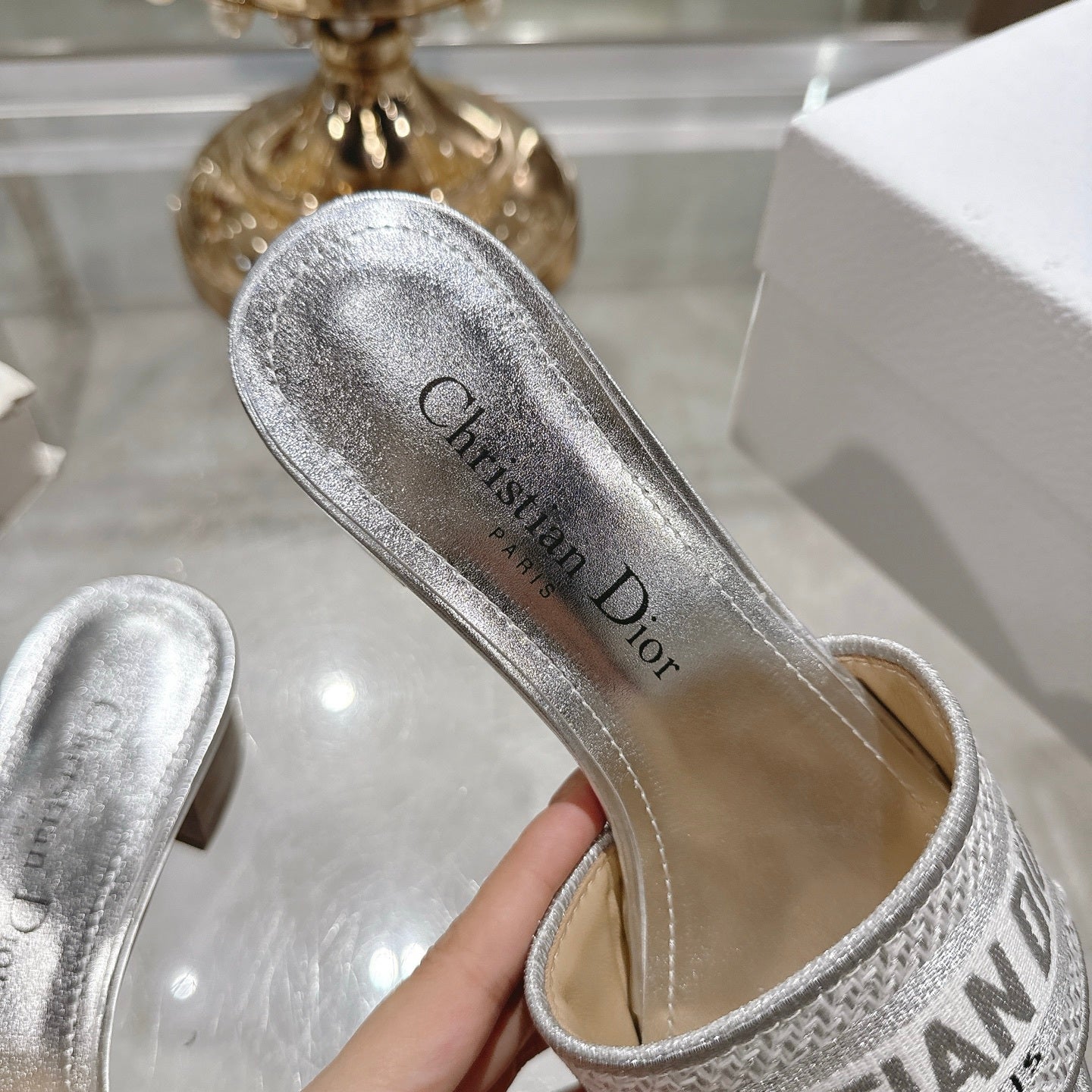 METALLIC LOGO JACQUARD LOW HEEL MULES