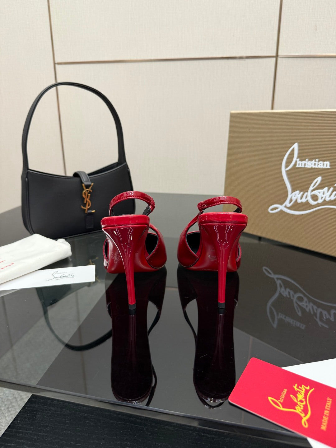 RED PATENT SLINGBACK POINTED HEELS