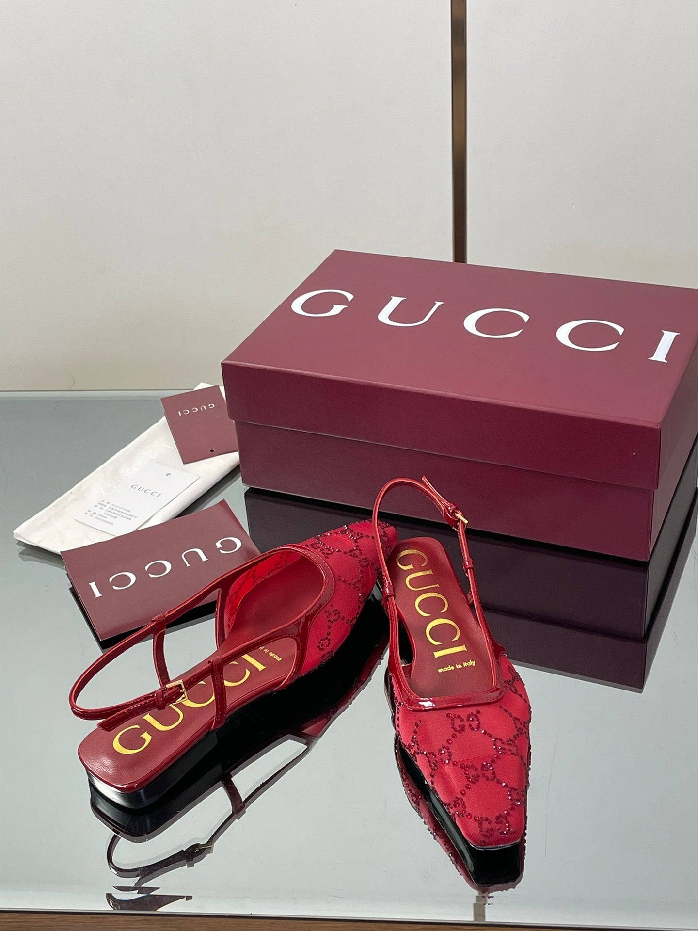 RED EMBELLISHED SLINGBACK FLATS