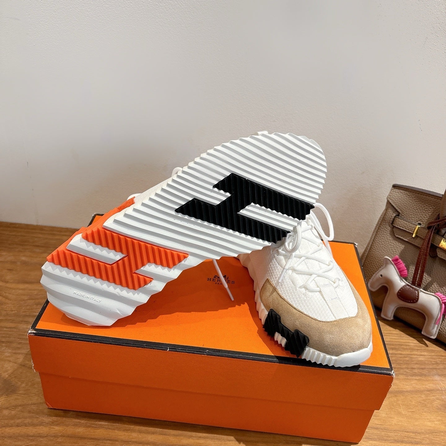 WHITE TECH-KNIT SNEAKERS WITH SUEDE TOE & ORANGE HEEL ACCENT
