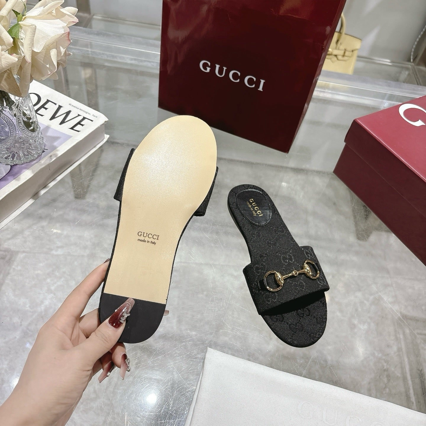 BLACK MONOGRAM METAL DETAIL SLIDE SANDALS