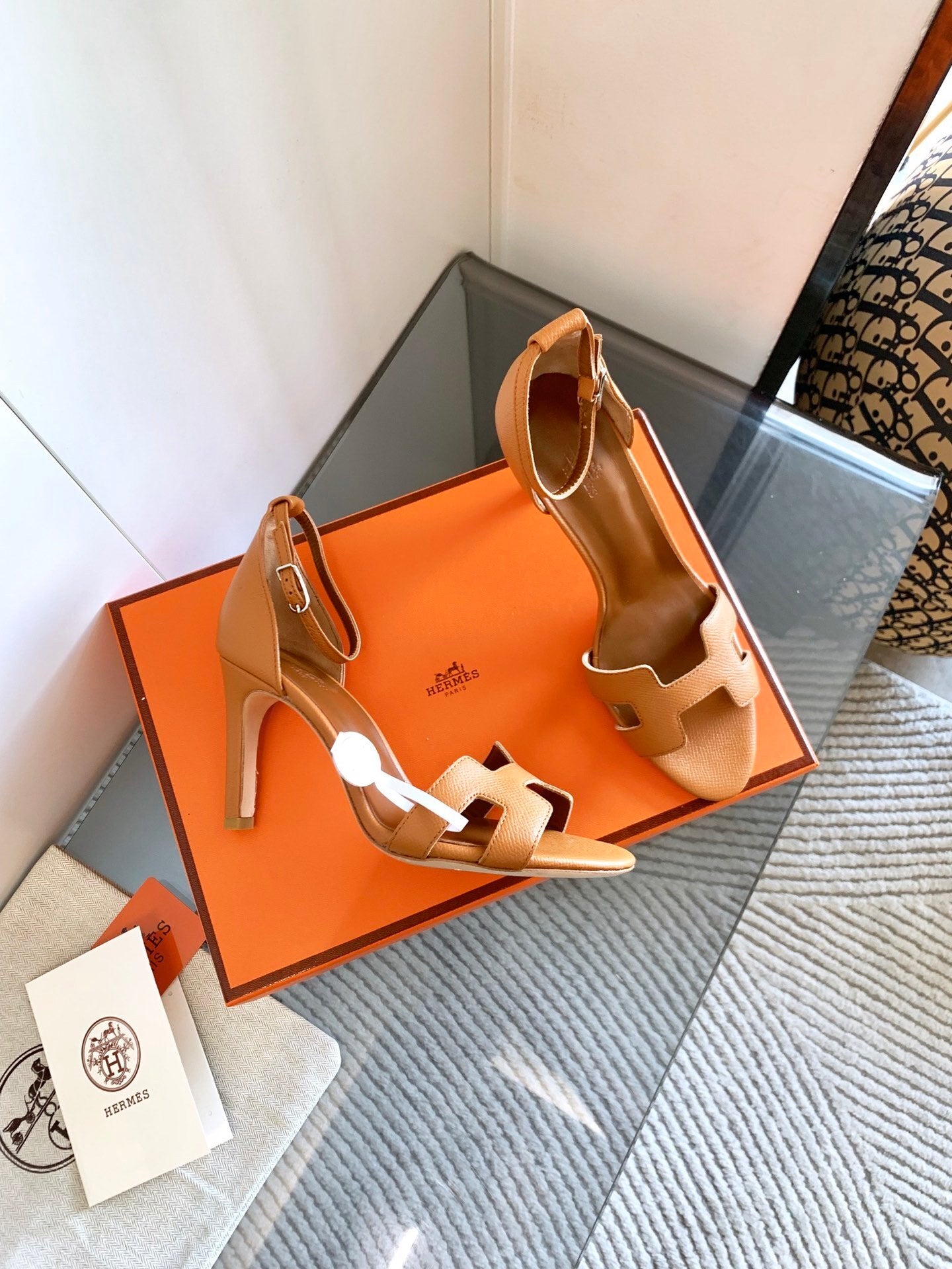 TAN LEATHER ANKLE STRAP HEEL SANDALS