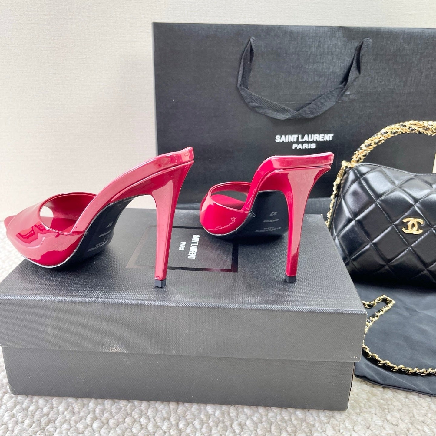 RED PATENT OPEN-TOE MULE HEELS