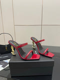 GLOSSY RED STRAPPY HEELS WITH GOLD LOGO HEEL