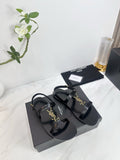 BLACK MINIMAL STRAP SANDALS WITH GOLD LOGO ACCENT