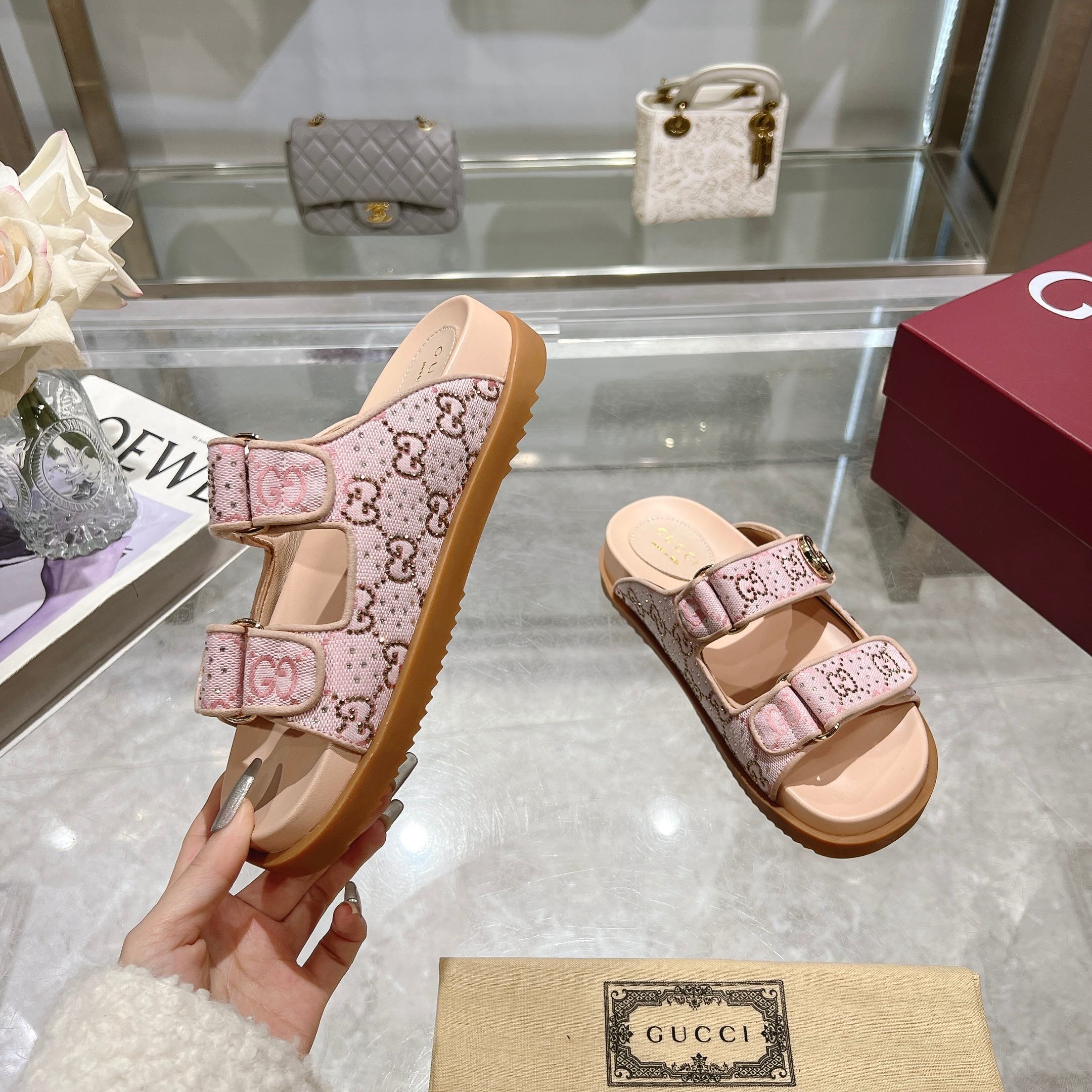 PINK MONOGRAM DOUBLE STRAP SANDALS
