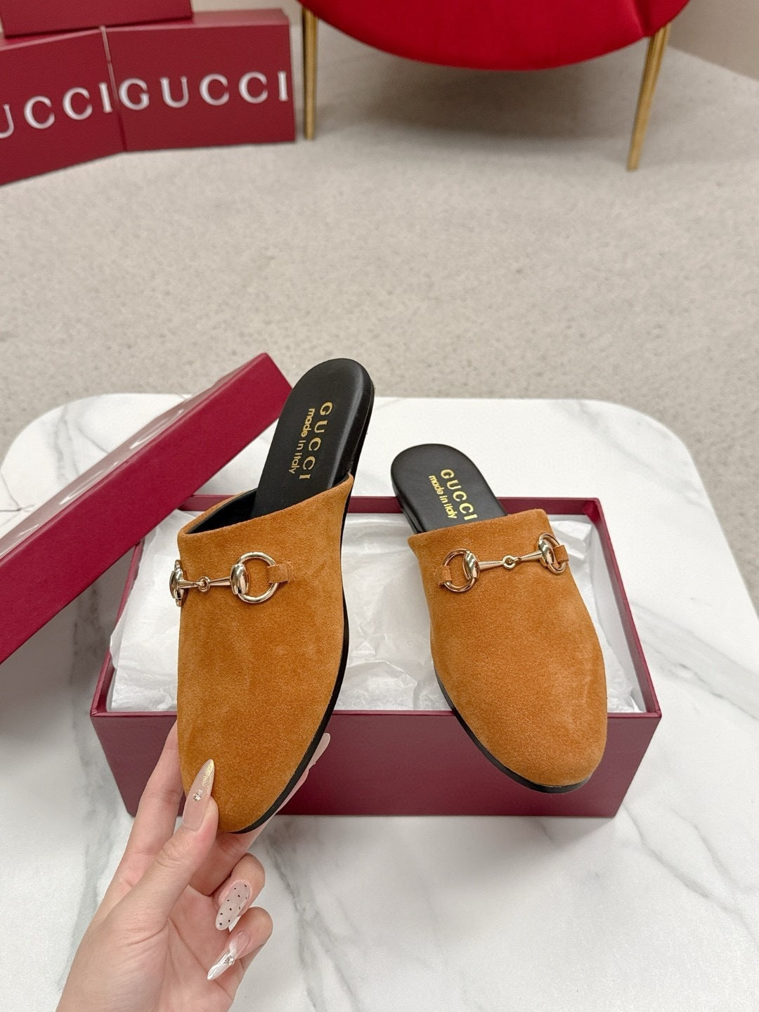 SUEDE SLIP-ON MULES WITH GOLD HORSEBIT DETAIL