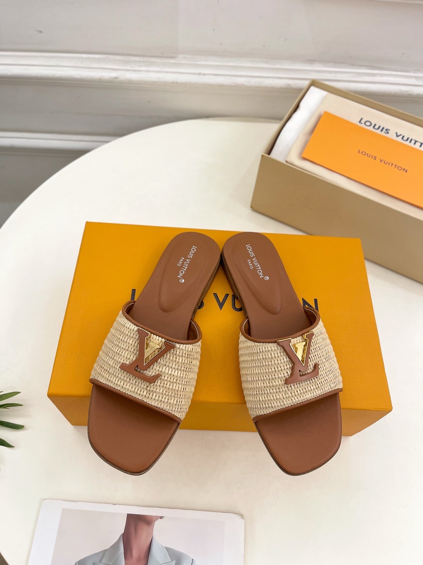 WOVEN STRAP MONOGRAM DETAIL SLIDE SANDALS