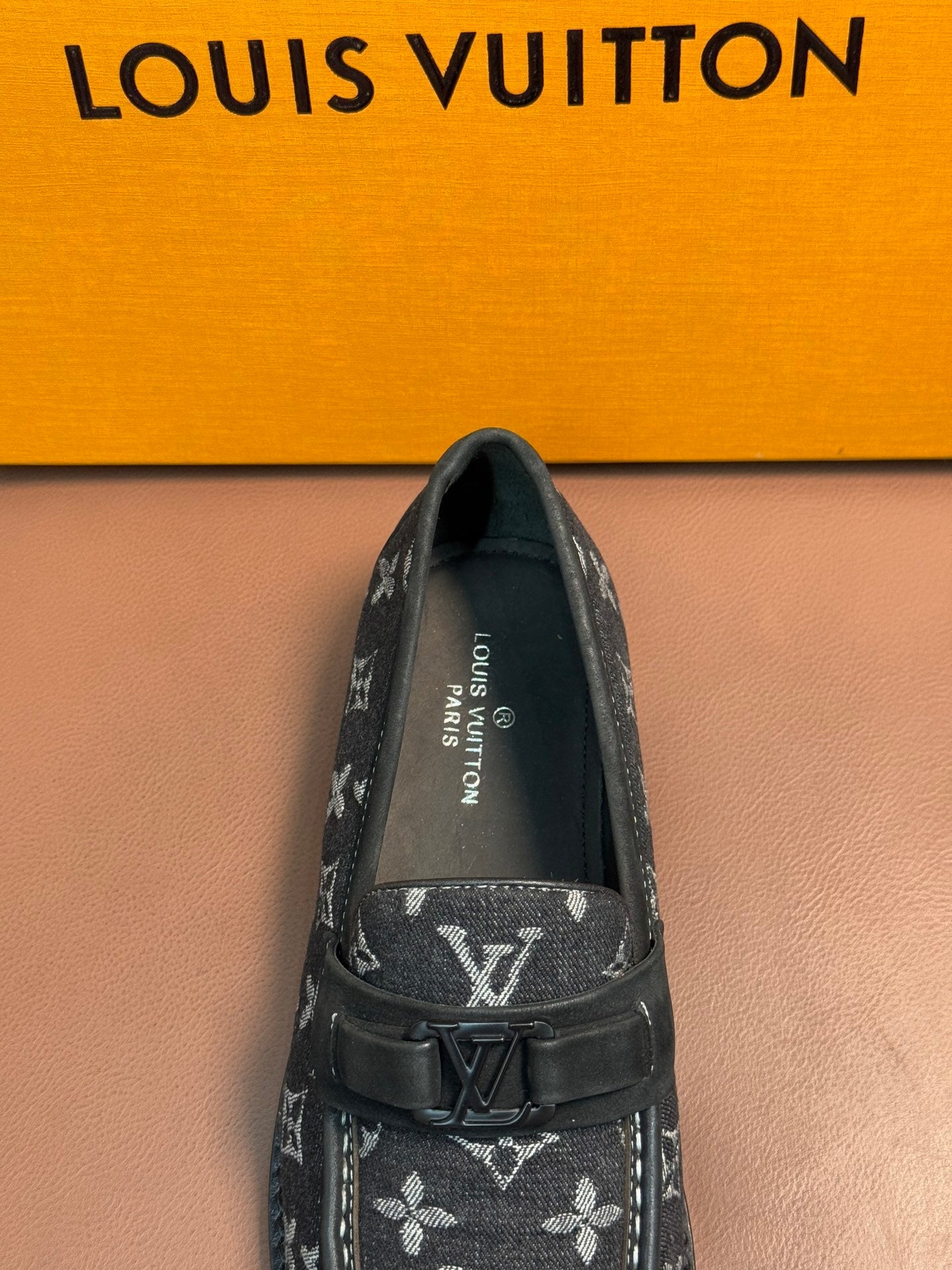 BLACK MONOGRAM CANVAS LOAFERS WITH METAL DETAIL