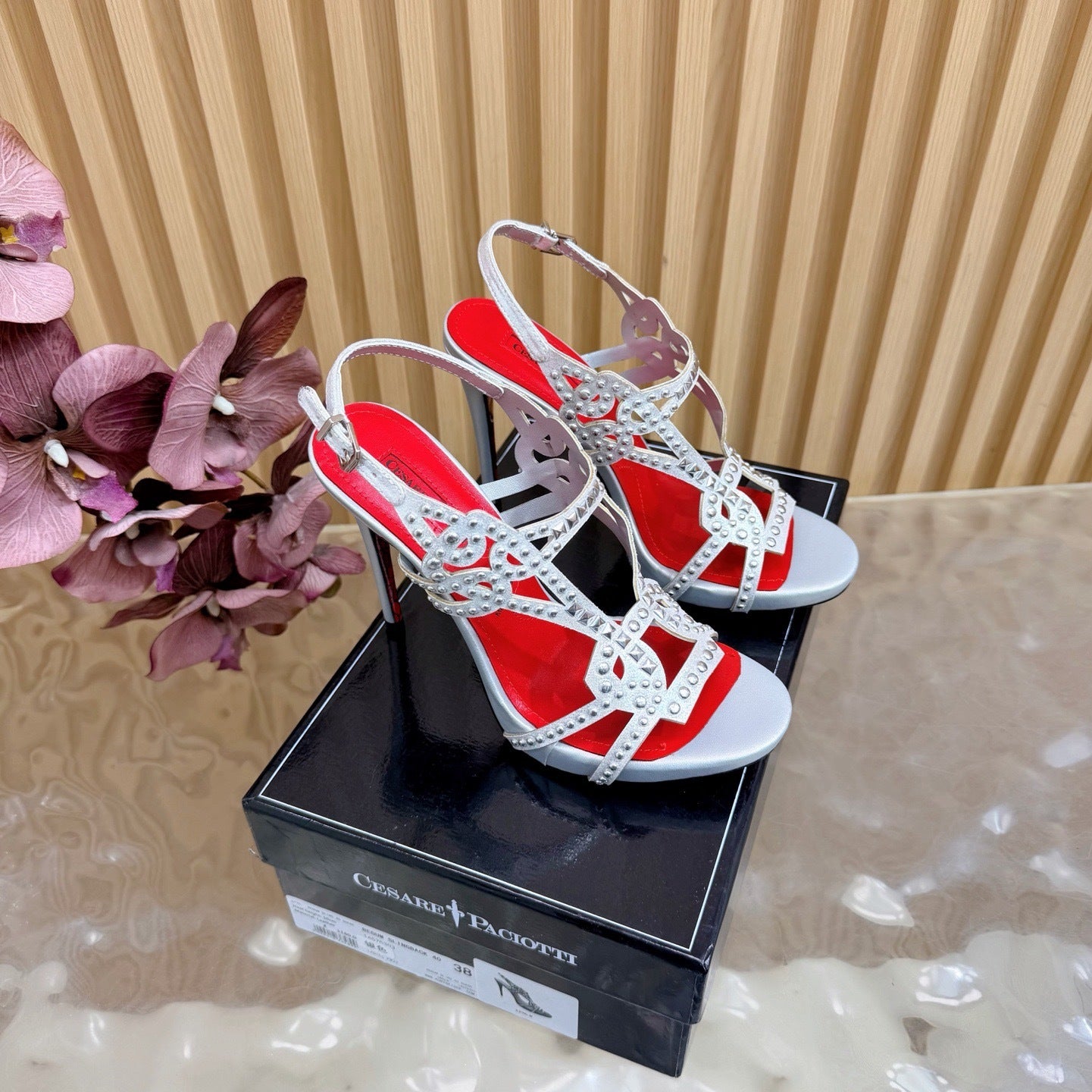 CRYSTAL STUD GLADIATOR STILETTO SANDALS – SILVER EDITION