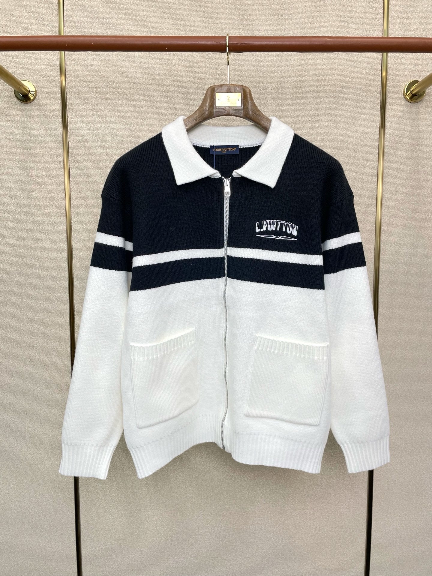 ZIP-FRONT STRIPED KNIT CARDIGAN WITH COLLAR