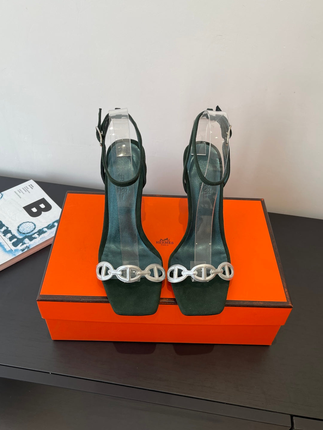 FOREST GREEN SUEDE ANKLE STRAP HIGH HEEL SANDALS