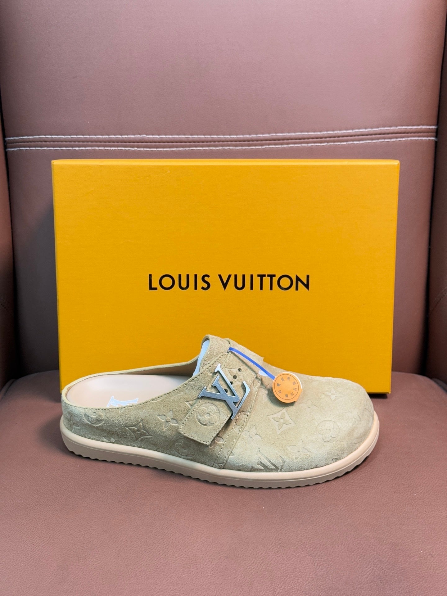 SUEDE MONOGRAM SLIDE CLOGS