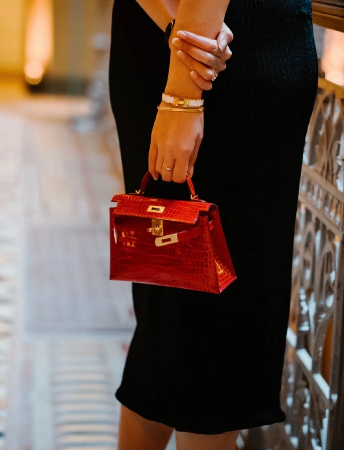 LUXURY RED CROCODILE EMBOSSED MINI TOP HANDLE EVENING BAG WITH GOLD HARDWARE