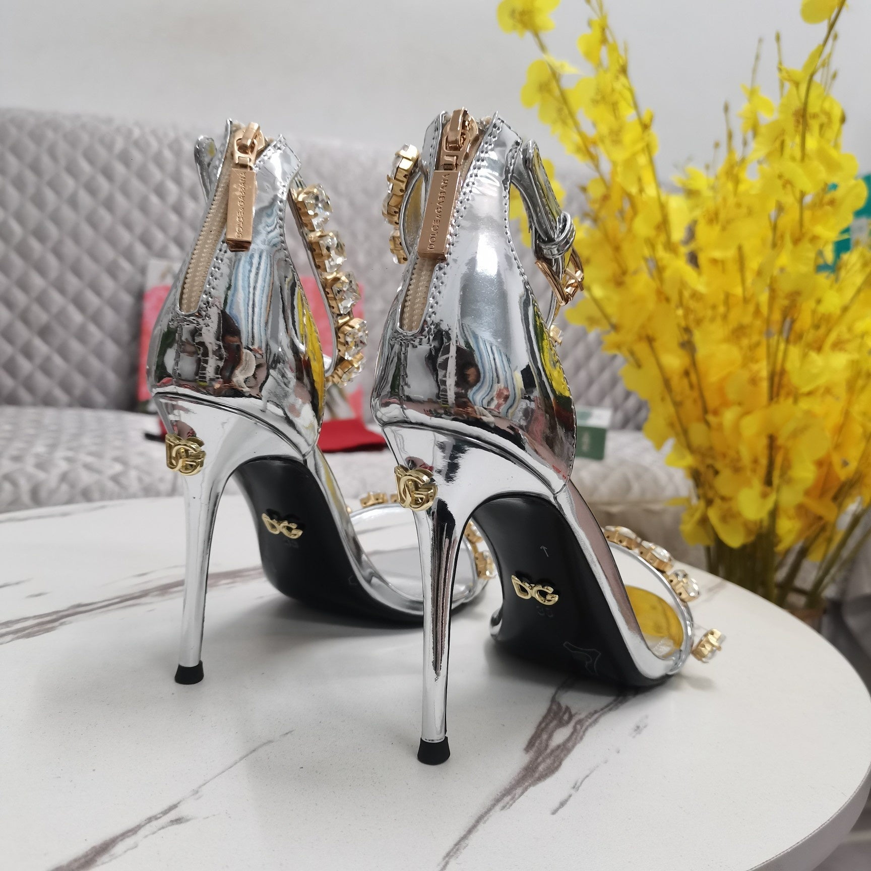 SILVER METALLIC STRAPPY HEEL SANDALS WITH CRYSTAL EMBELLISHMENTS