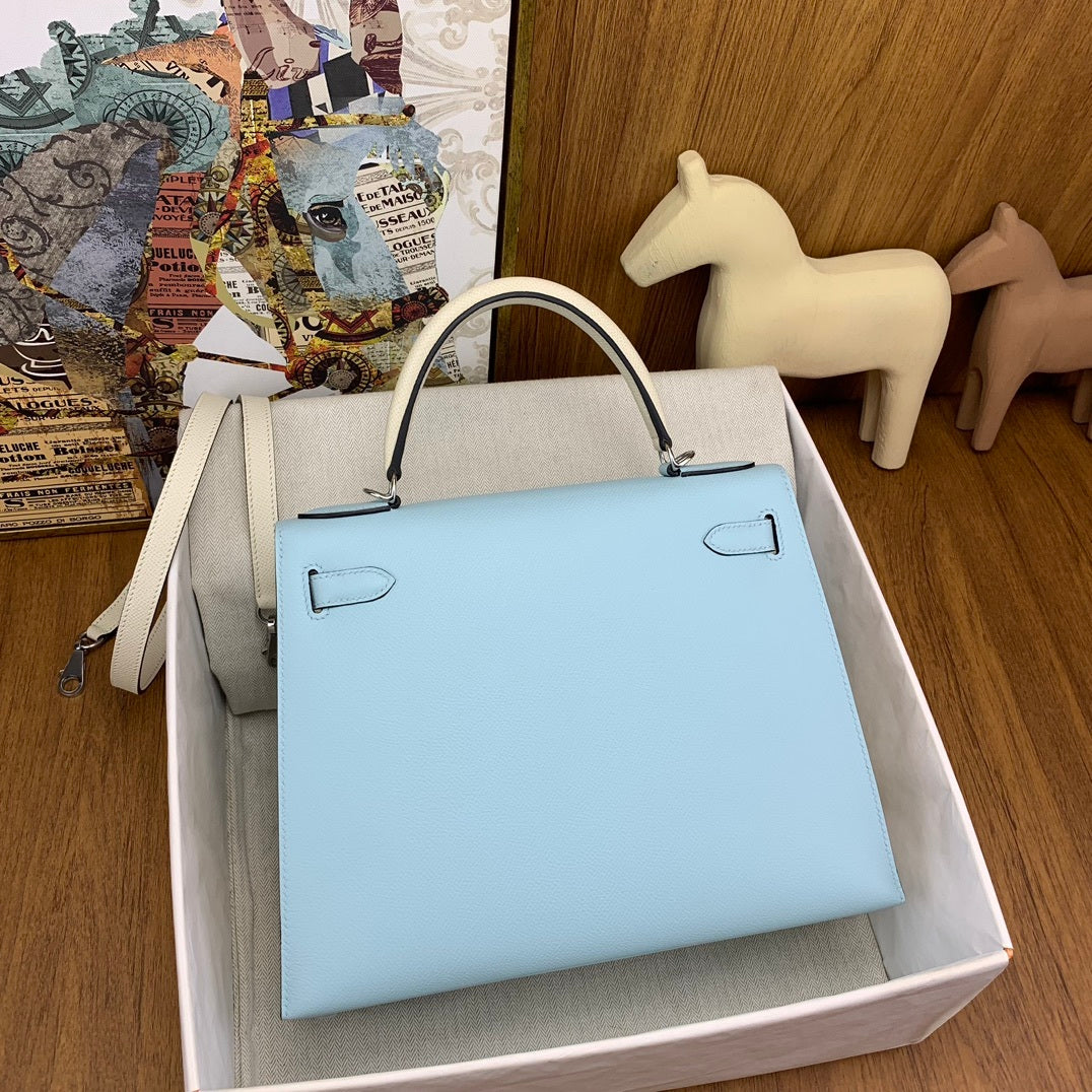 LUXURY BABY BLUE LEATHER TOP HANDLE HANDBAG