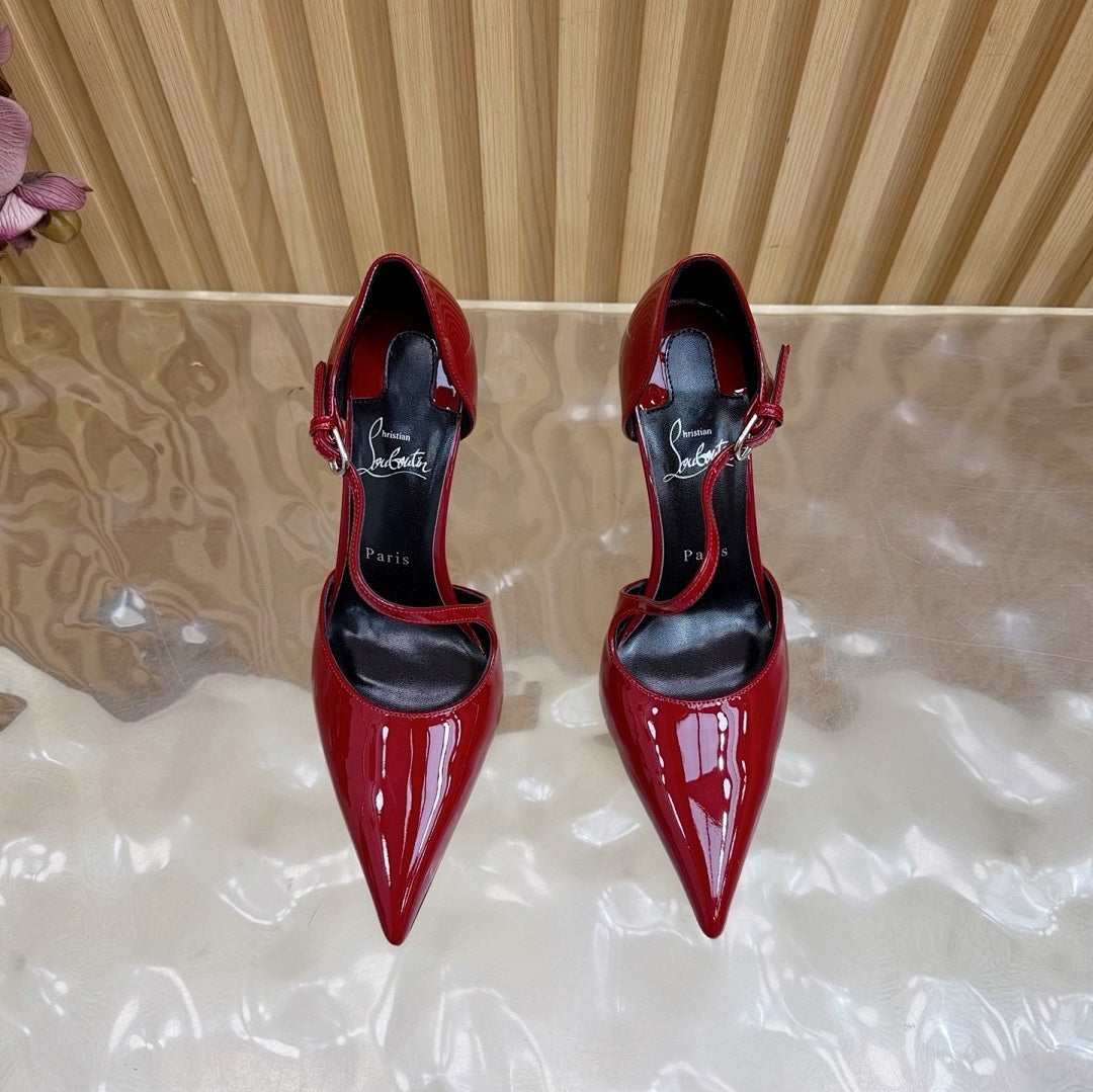 RED PATENT STRAP POINTED HEELS