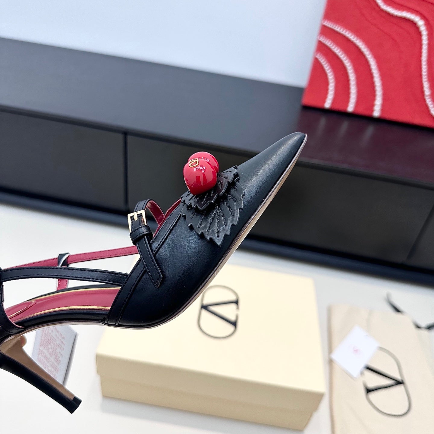CHERRY EMBELLISHED T-STRAP POINTED HEEL PUMPS – BLACK