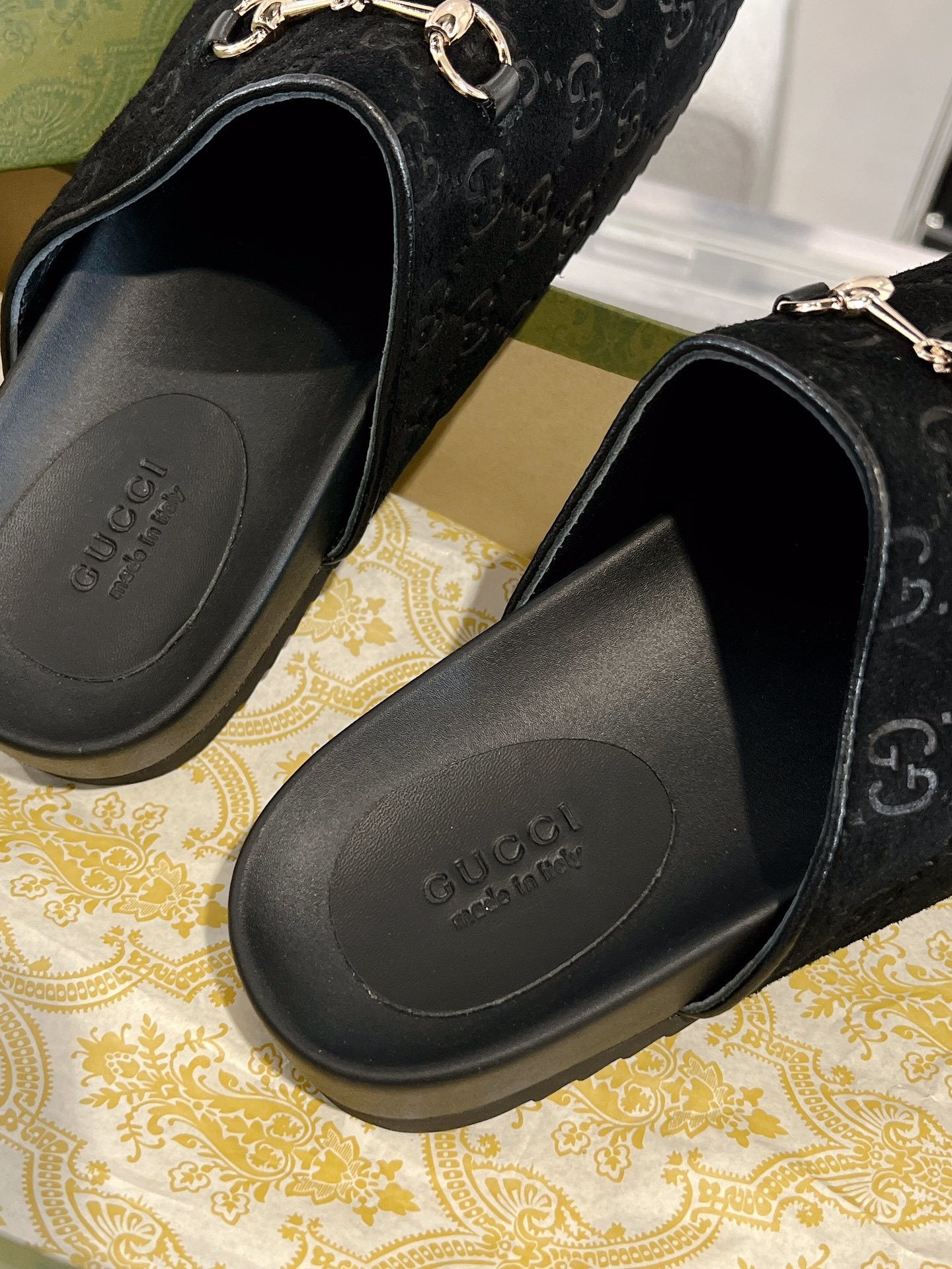 BLACK EMBOSSED MULE SLIDES