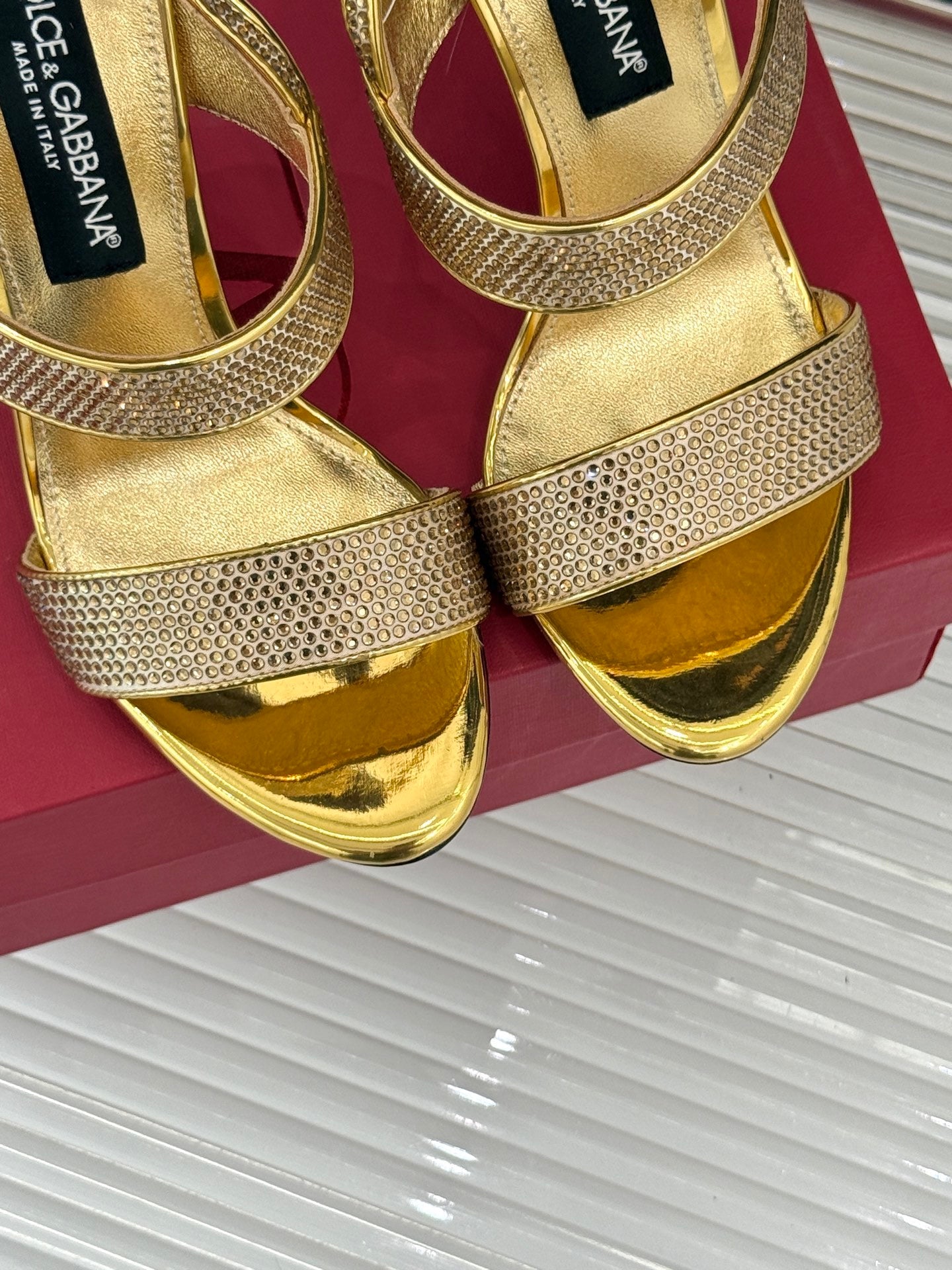 GOLD CRYSTAL-EMBELLISHED STRAPPY STILETTO HEELS