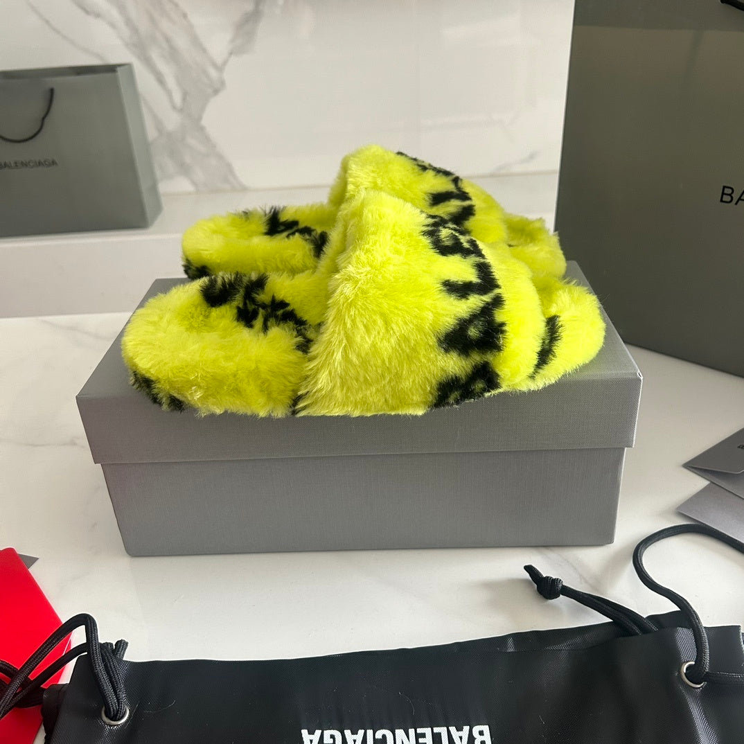 NEON YELLOW FAUX FUR LOGO SLIDE SANDALS