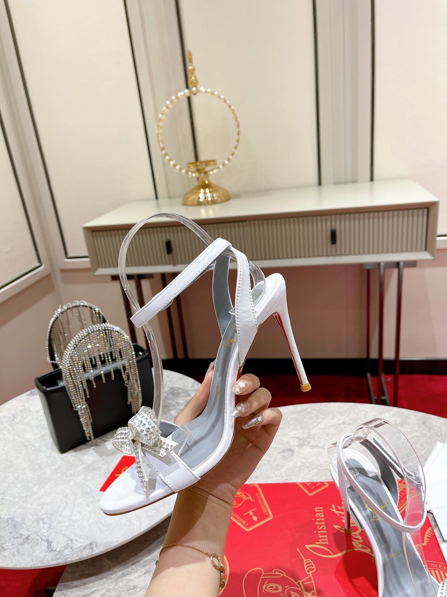 WHITE CRYSTAL BOW STRAP HEELS