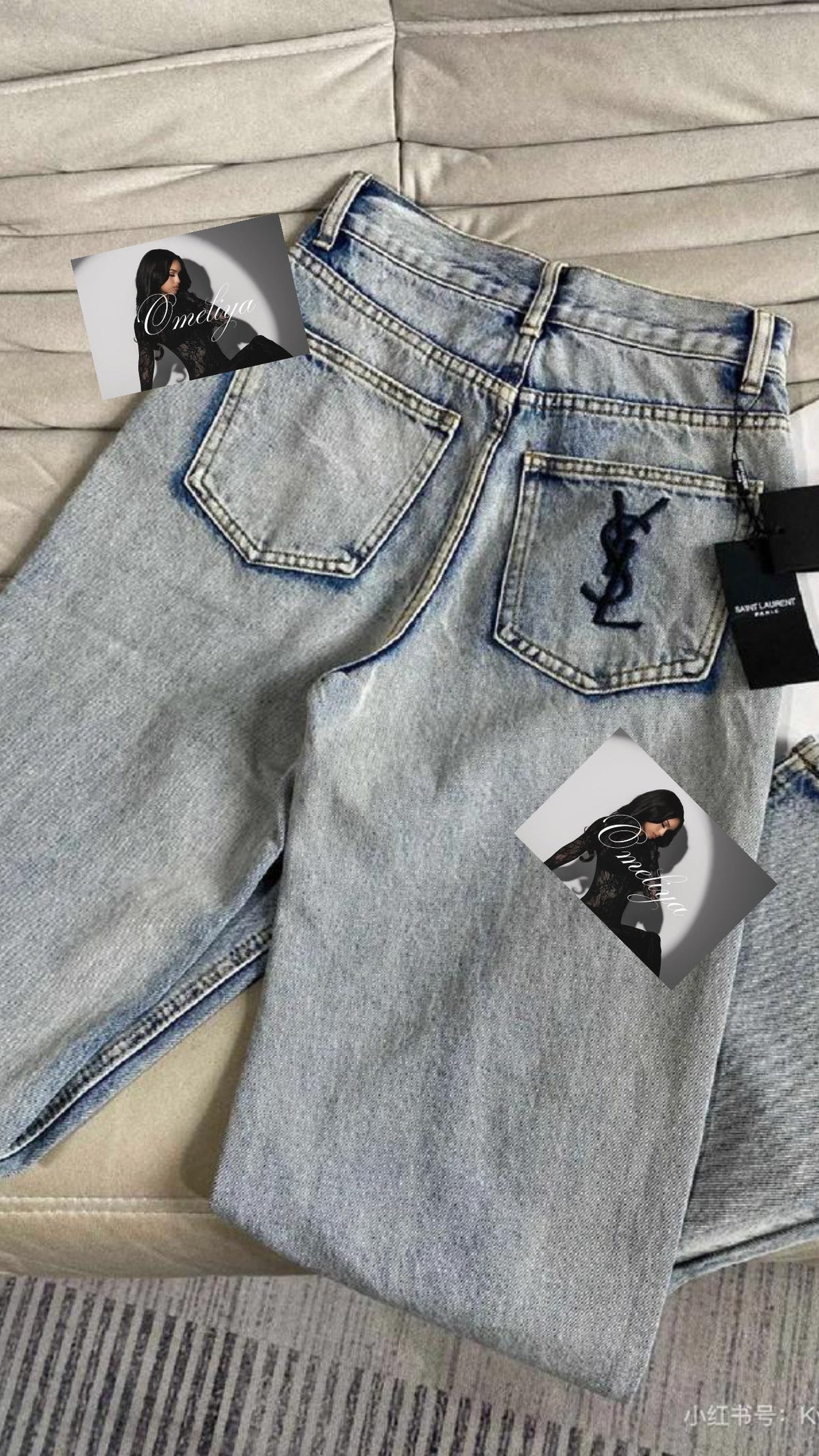 LIGHT WASH DENIM JEANS WITH EMBROIDERED LOGO