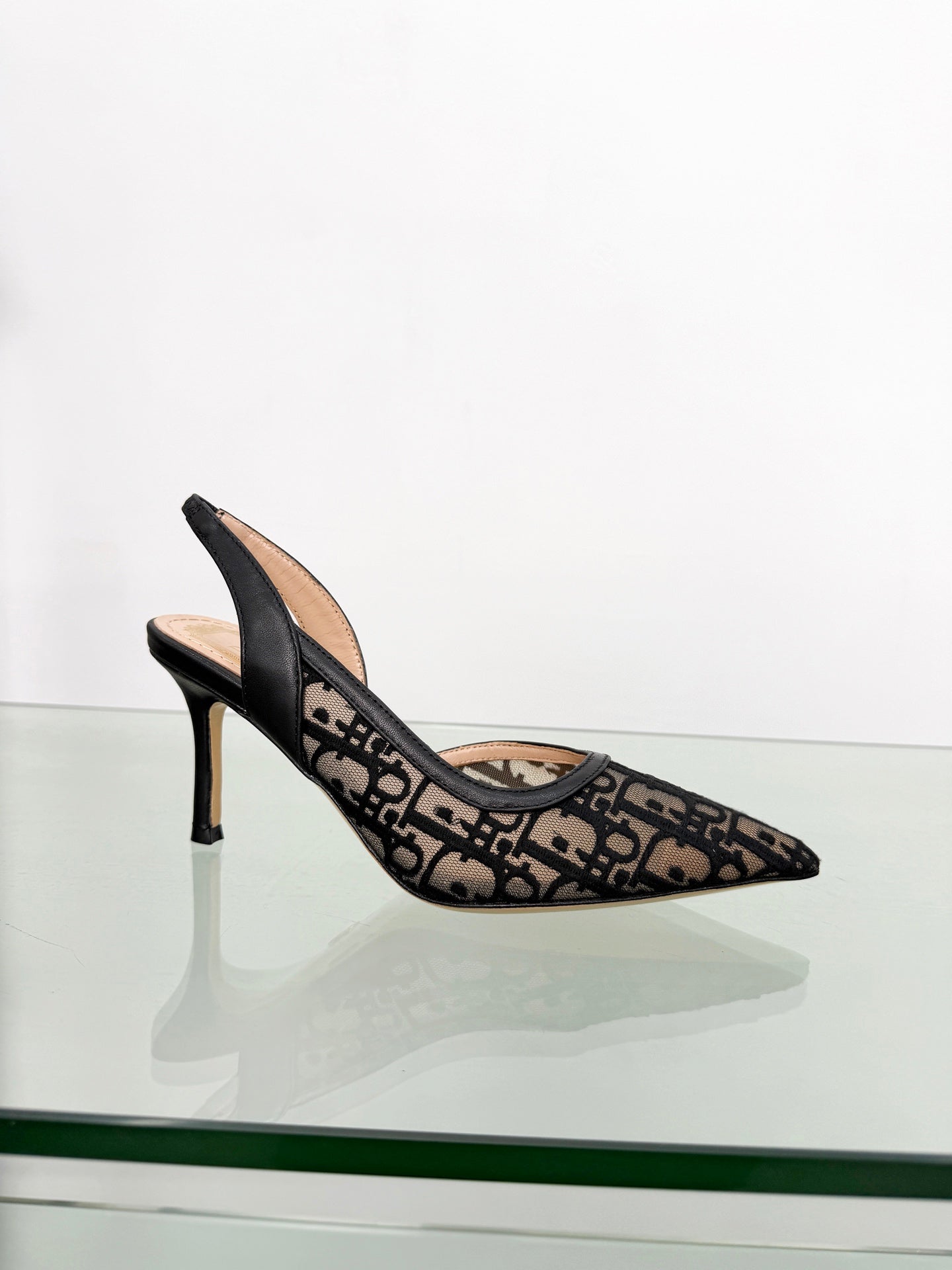 MONOGRAM MESH SLINGBACK POINTED-TOE HEELS