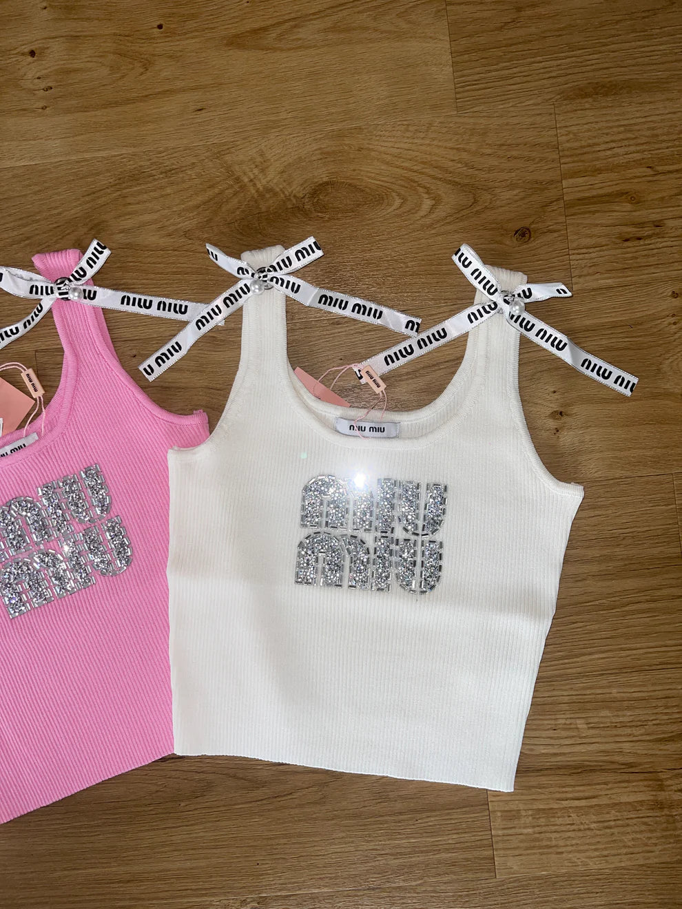 RHINESTONE LOGO RIBBED BOW TANK TOP
