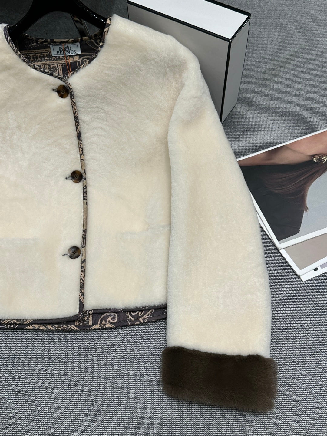 IVORY SOFT-SHEARLING JACKET WITH PATTERNED TRIM DETAILS