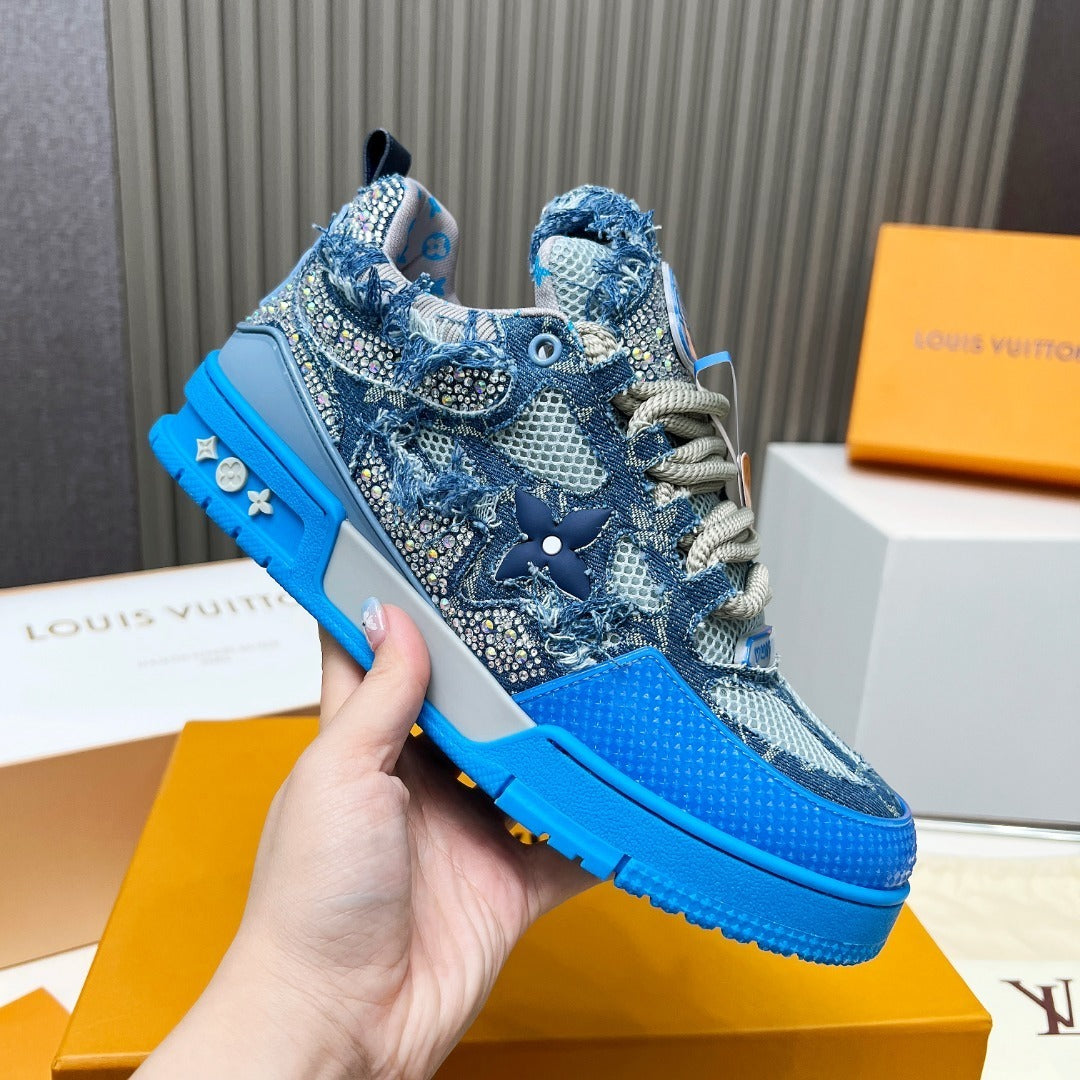 DENIM CRYSTAL-EMBELLISHED PLATFORM SNEAKERS IN BLUE