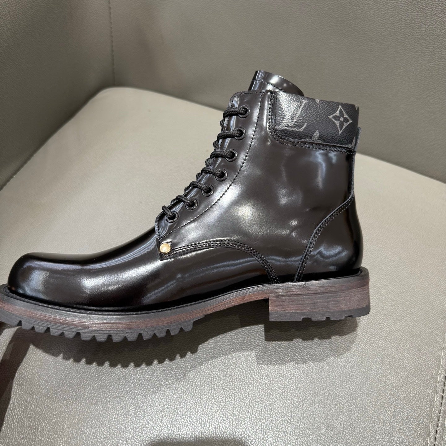 BLACK LEATHER MONOGRAM LACE-UP BOOTS