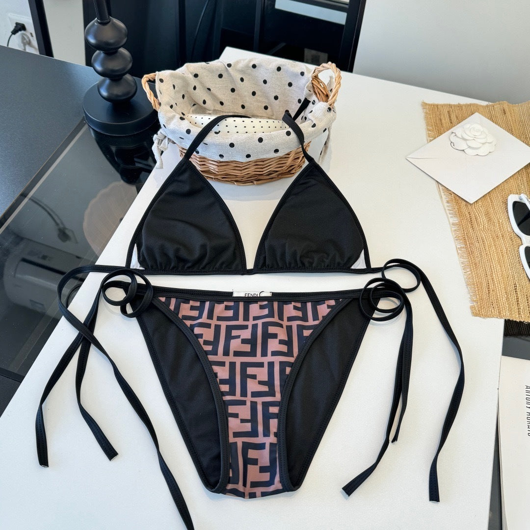BROWN MONOGRAM TRIANGLE STRING BIKINI SET