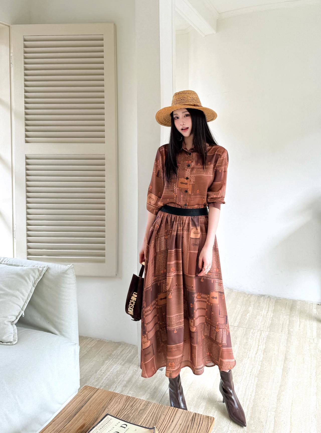 PRINTED BUTTON-FRONT MIDI DRESS WITH WAIST BELT