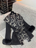 LUXURY BLACK COAT WITH GRAPHIC PRINT LAPELS & FUR CUFFS